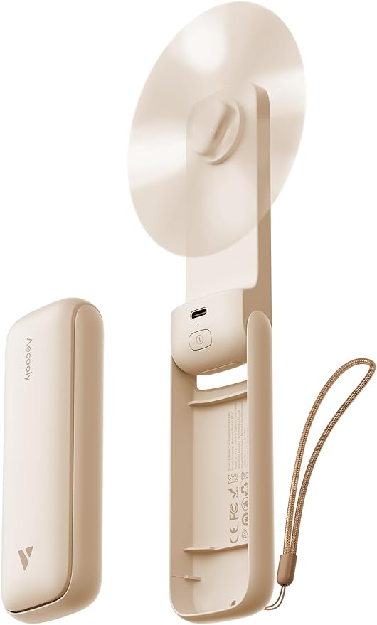 Aecooly Slim Portable Fan 2 Pack, Thin Handheld Fan, USB Rechargeable Mini Personal [24H Max Cooling Time], Battery Powered Small Foldable Pocket for Travel, Summer, Gifts for Women -Beige by Aecooly