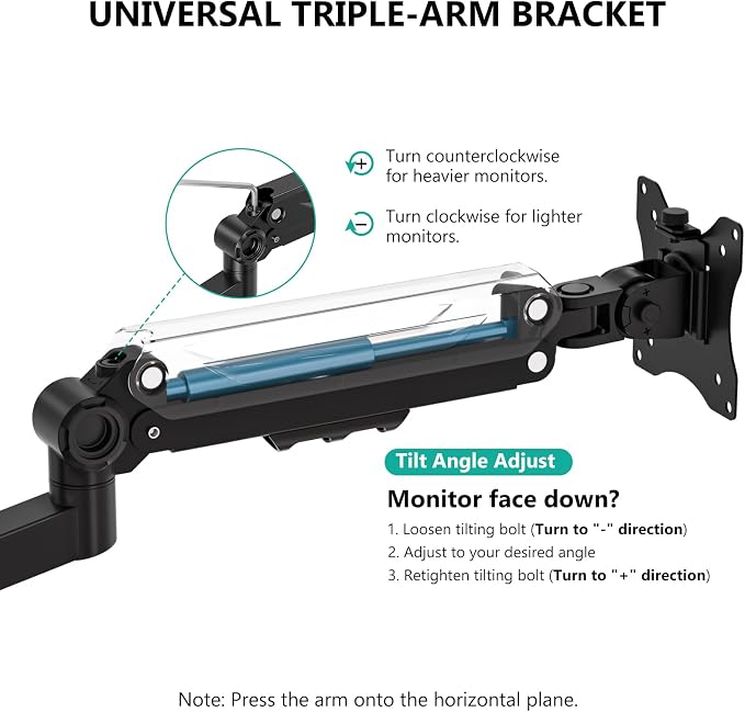 WALI Triple Monitor Mount, up to 49'' Ultrawides on Top Bracket and 34'' Screens on Side Brackets, Extra Tall 3 Monitors Desk Mount, Heavy Duty Monitor Arm up to 44 lbs (GSDM003N-P), Black - Image 6