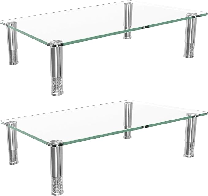 Simple Trending 2-Pack Tempered Glass Monitor Stand, Adjustable, Clear | 14.25"L x 9.5"W, height 3.5"-5", tilt 0-15°. Holds 88 lbs, impact/heat resistant. Stainless steel feet. Easy assembly. by SimpleTrending
