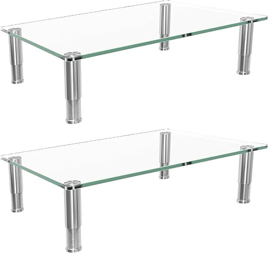 Simple Trending 2-Pack Tempered Glass Monitor Stand, Adjustable, Clear | 14.25"L x 9.5"W, height 3.5"-5", tilt 0-15°. Holds 88 lbs, impact/heat resistant. Stainless steel feet. Easy assembly. by SimpleTrending