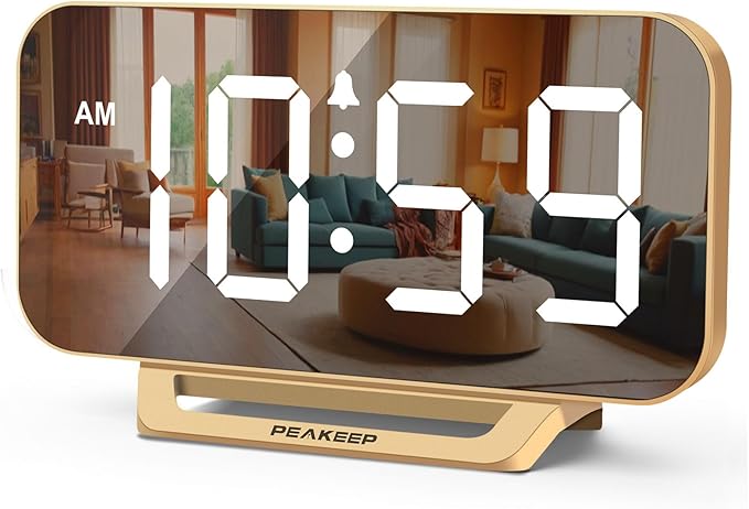 Peakeep Slim Digital Mirror Aesthetic Alarm Clock for Bedrooms Desk Decor | Plug in Electric Big LED Modern Small Clock for Office Living Room, Battery Backup, 6 Dimmers (Gold) by PEAKEEP