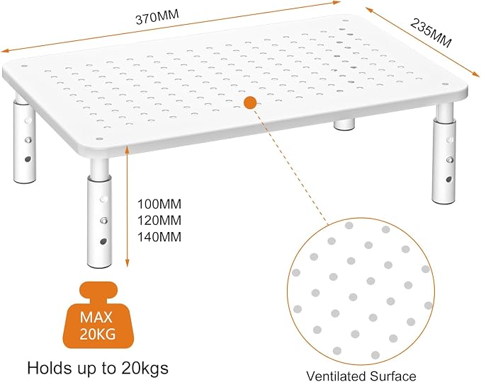 Bracwiser Monitor Stand Riser,3 Level Height Adjustable Desktop monitor stand for Computer, Laptop, Printer, Notebook with Vented Metal Platform 370X235MM 2 Packs,White - Image 2
