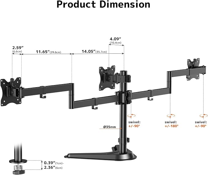 Triple Monitor Stand, Full Motion Arm Fits up to 27 inch | Free standing, Cable Management, 22 lbs Weight Capacity per Arm, 75/100 mm VESA, Black - Image 7