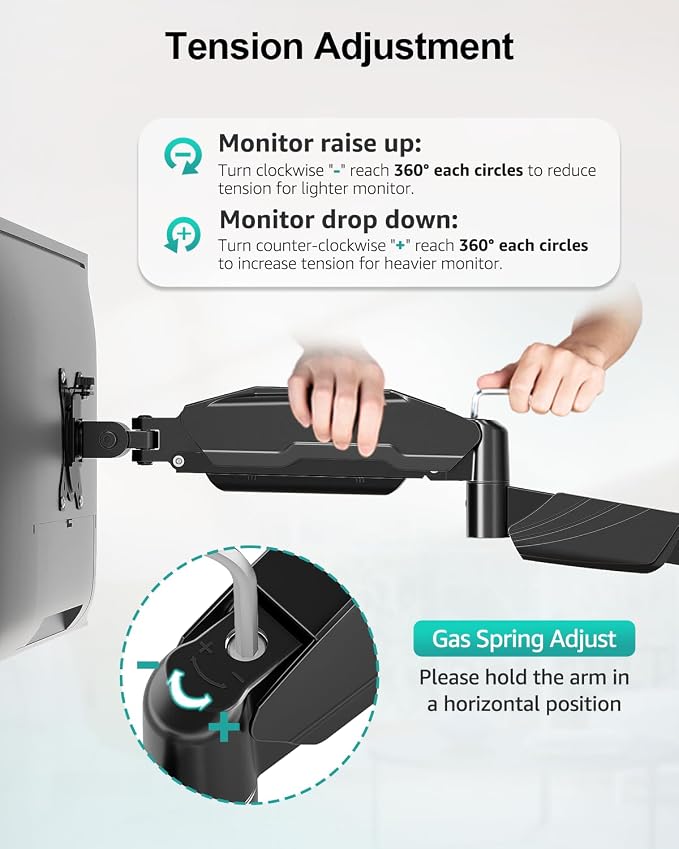 Long Arm Dual Monitor Wall Mount, Gas Spring Wall Monitor Arm for 17-32" Screens, 27.1" Extra Long Monitor Mount, Holds up to 17.6 lbs Each, Full Motion VESA Mount, 75/100, Black - Image 9