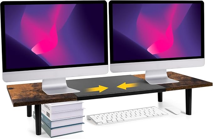 Across-Star Dual-Monitor-Stand-Riser-For-Desk Adjustable Length 32-40 Inch，Large Desktop Computer Monitor Riser For 2 Screens，Desk Shelf Organizer Riser Stand For Computer/Laptop/PC/Printer/TV Black by Acorss-Star