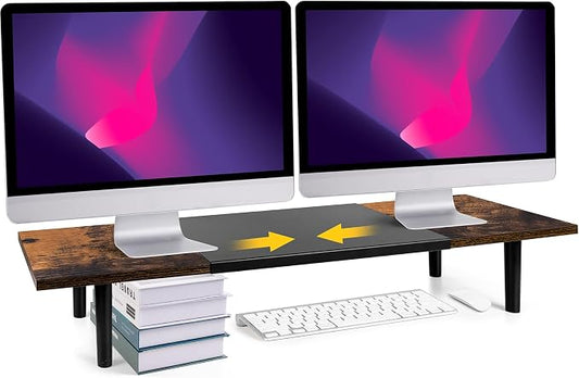 Across-Star Dual-Monitor-Stand-Riser-For-Desk Adjustable Length 32-40 Inch，Large Desktop Computer Monitor Riser For 2 Screens，Desk Shelf Organizer Riser Stand For Computer/Laptop/PC/Printer/TV Black by Acorss-Star