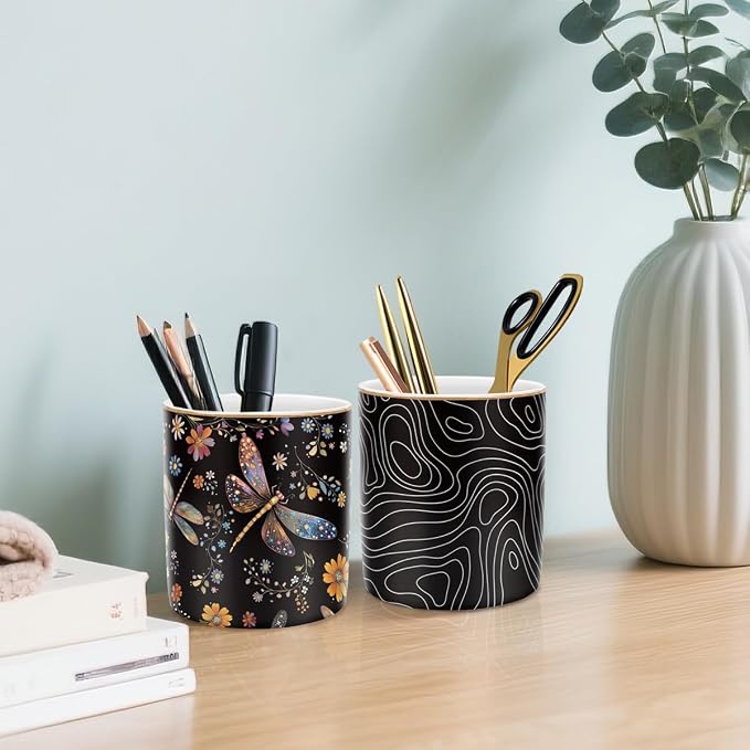 Pen Holder, Pencil Cup for Desk, Cute Makeup Brush Holder, Durable Ceramic Organizer Decor for Room, Office, Classroom, Cute Dragonfly Pattern - Image 7