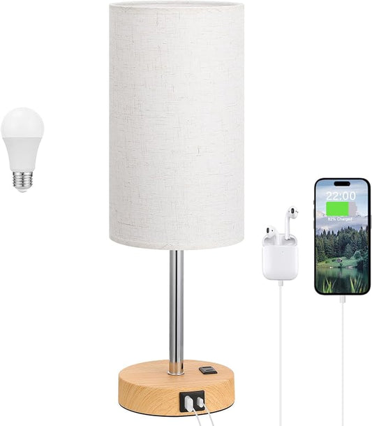 Dicoool 17.4" Bedside Lamp for Bedroom - Dimmable Touch, USB A+C, AC Outlet | LED Bulb Included, 3-Way Dimmable, 17.4" Table Lamp for Guest Room, Living Room, Fabric Lampshade, Wood-Grain Metal Base by DicooolDirect