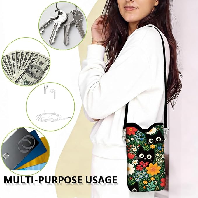 Cat Phone Pouch with Adjustable Strap Neck Lanyard Fits Most Smartphones 7.1 x 3.9 Inch Phone Crossbody Sleeve Black Cat Flower Pattern Neoprene Nylon Cellphone Carrying Case for Women Men - Image 7
