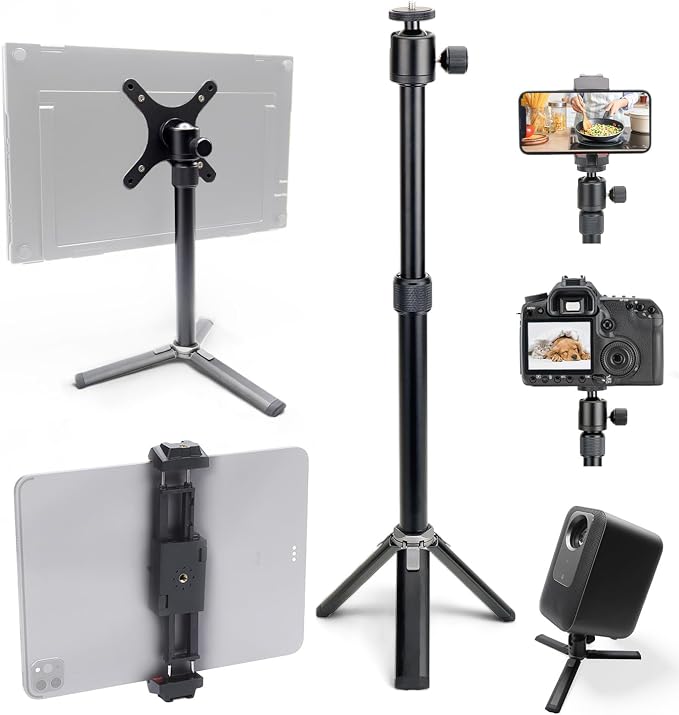 Kado Metal Portable Monitor Tablet Stand Tripod, Adjustable Height & Angle | 100x100mm 75x75mm Wall/Arm Mount Clamping, 360° Ball Head and 1/4" Screw Compact for Phone, Tablet, Projector, Camera, Webcam by Kado