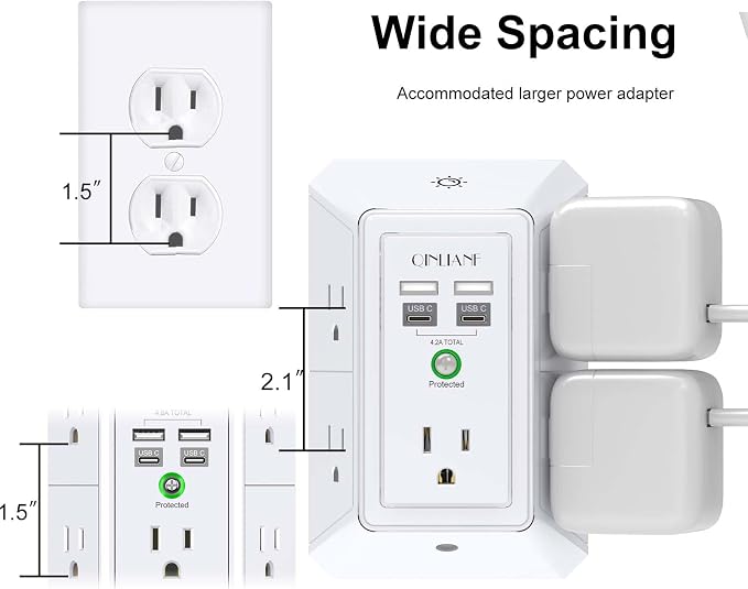3-Sided Outlet Extender with Night Light - QINLIANF Multi Plug Outlet with 5 Outlets and 4 USB Ports(2 USB-C), USB Wall Charger for Home, Office, Travel, ETL Listed, White - Image 6