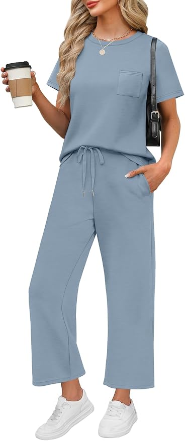 WIHOLL 2 Piece Sets for Women Casual Summer Travel Vacation Outfits Short Sleeve Wide Leg Crop Pants Lounge Sets by WIHOLL