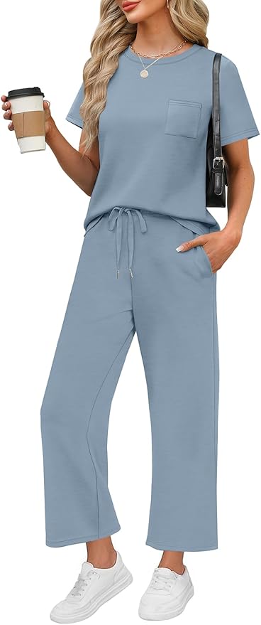 WIHOLL 2 Piece Sets for Women Casual Summer Travel Vacation Outfits Short Sleeve Wide Leg Crop Pants Lounge Sets by WIHOLL