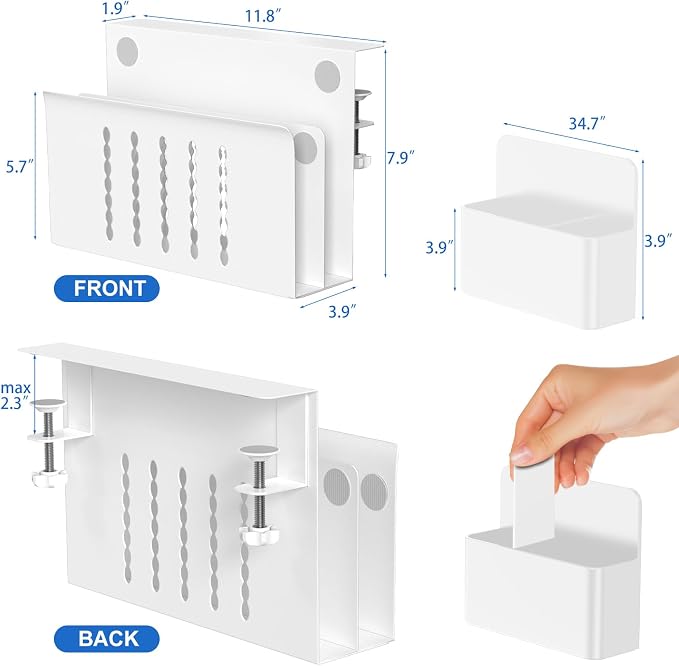 HAMOPY Desk Side Storage, 2 Tier Steel Hanging Desk Organizer with Magnetic Pen Holder, No Drilling Standing Desk Drawer Cable Management Tray, Under Table Laptop Holder for Office, School&Home(White) - Image 3