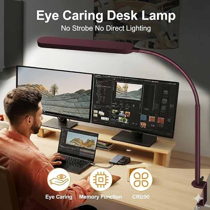 SKYLEO LED Desk Lamp - Desk Light for Home Office - Flexible Gooseneck - 5 Color Modes X 11 Brightness Levels - 1300LM - Timmer & Memory Function - 12W Clip on Light - Red - Image 5