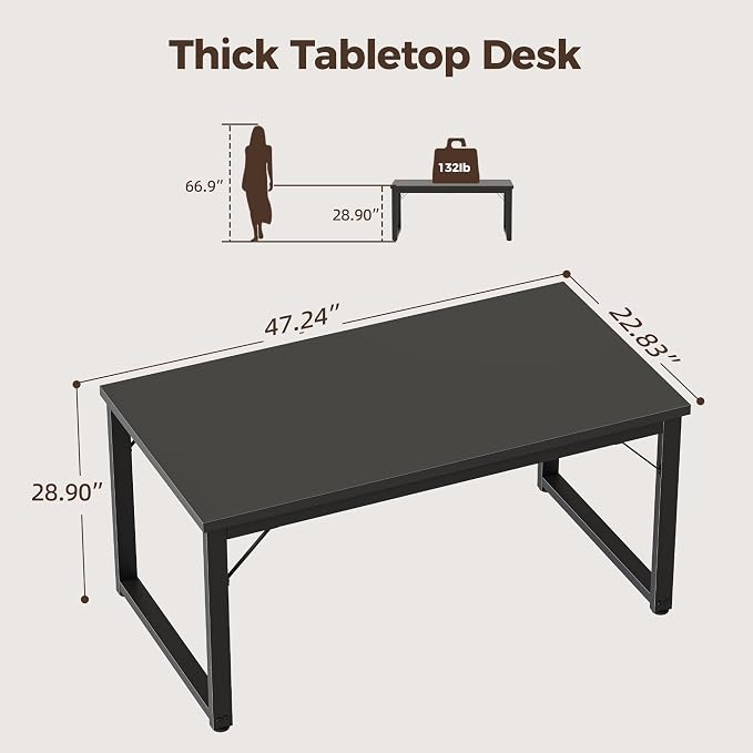 Mericonia 48 Inch Computer Desk, 1" Thick Small Office Table, Black | Modern Simple Style, Heavy Duty Industrial Frame, Small Study & Writing Table for Home Bedroom Work - Image 2
