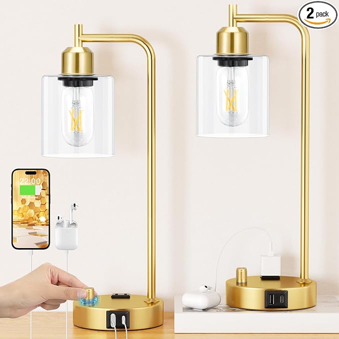 Innqoo Industrial Table Lamp for Bedroom Set of 2 - Fully Dimmable Bedside Lamps with USB Ports and Outlet, Gold Nightstand Lamps with Clear Glass Shade for Living Room, Desk Lamps for Office Reading by Innqoo