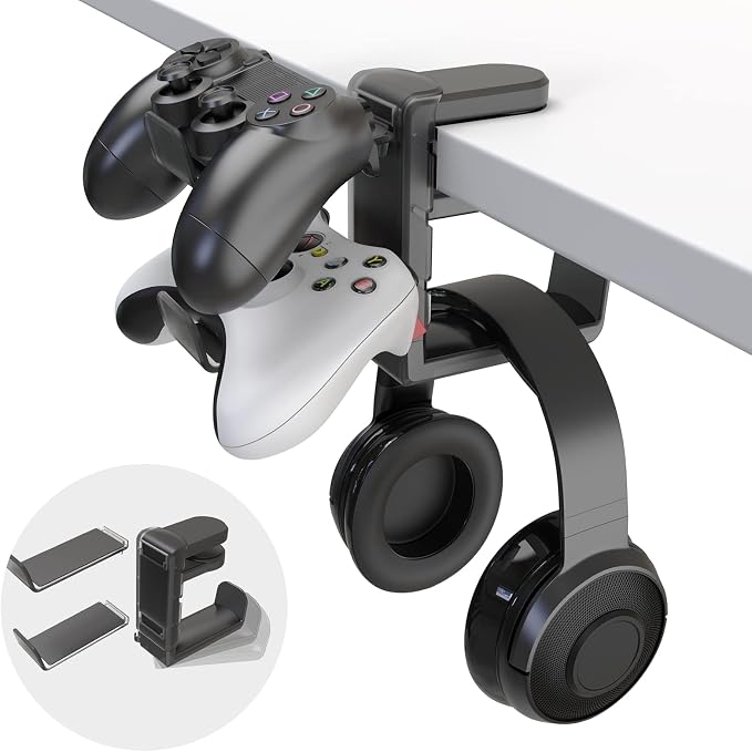 3-in-1 Headset&Controller Holder - EURPMASK Upgraded PC Gaming Headset Stand, Adjustable Clamp-on Headphone Holder,Headphone Controller Hook Under Desk w/ 360 Degree Swivel&Cable Clip Organizer-Black by EURPMASKChoosethecolorofeurope