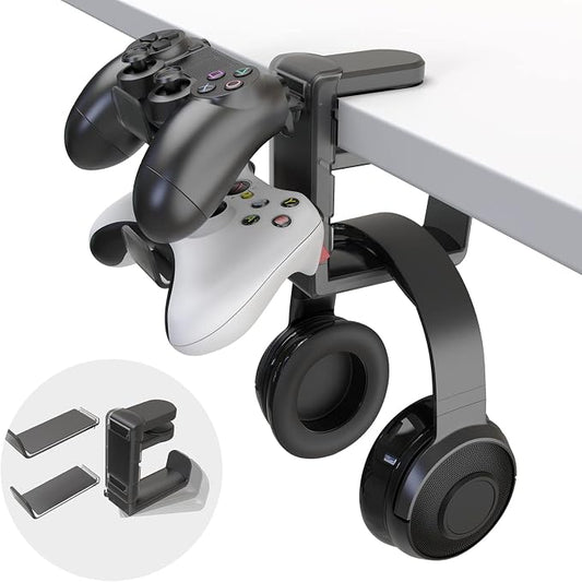 3-in-1 Headset&Controller Holder - EURPMASK Upgraded PC Gaming Headset Stand, Adjustable Clamp-on Headphone Holder,Headphone Controller Hook Under Desk w/ 360 Degree Swivel&Cable Clip Organizer-Black by EURPMASKChoosethecolorofeurope