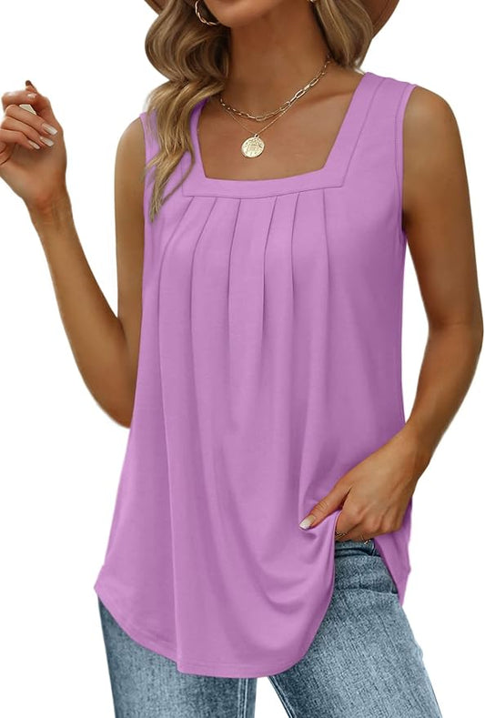 Saloogoe Summer Tank Tops for Women Loose Fit Pleated Square Neck Sleeveless Tops Curved Hem Flowy by Saloogoe