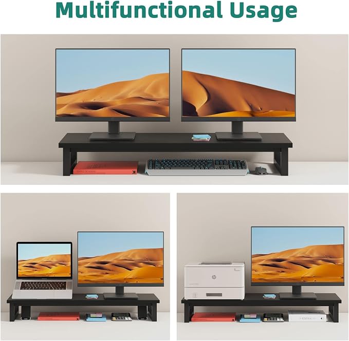 YAOHUOO Dual Monitor Stand Riser, 39Inch Large Monitor Stands for 2 Monitors, Computer Monitor Stand, Wooden Desktop Oraganizer Shelf for Office Desk Computer,Laptop,TV - Image 4