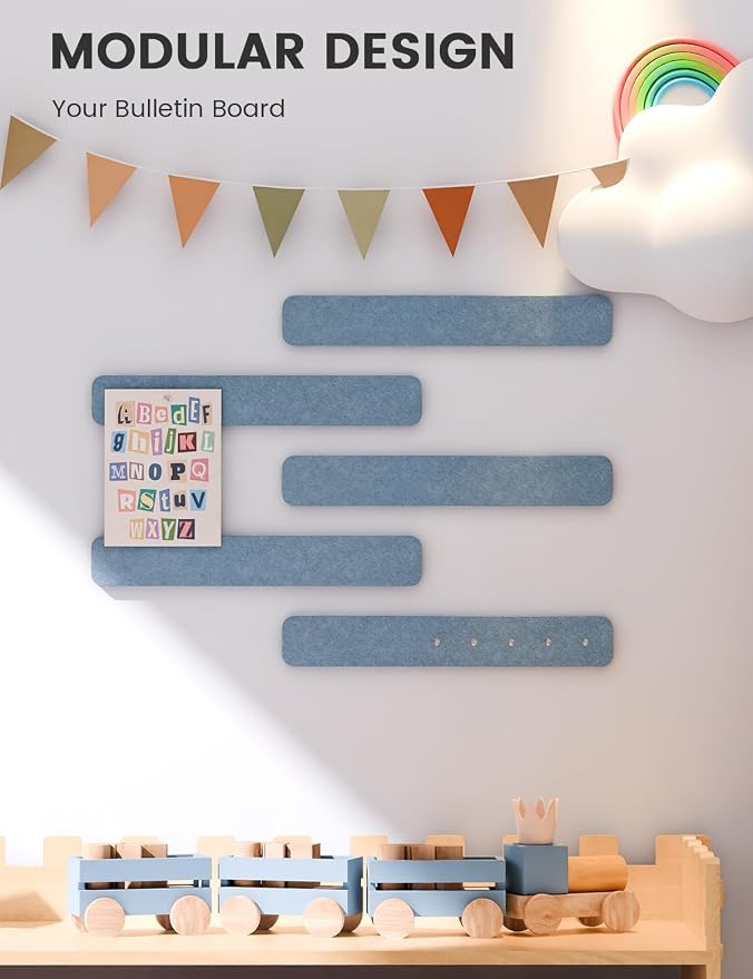 Fluxynara 13" x 2" Felt Wall Panels, Dusty Blue | 5-Pack Cork Board Alternative with 35 Push Pins, Adhesive Mounting for Bedroom Door or Home Office - Image 5