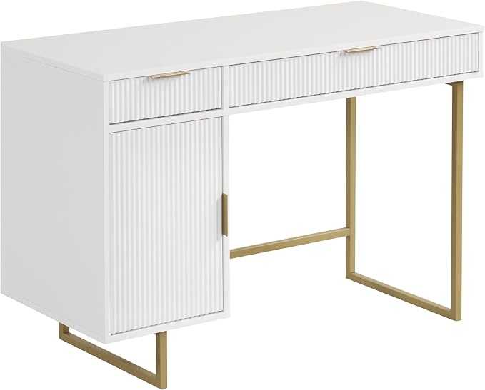 Nathan James Jacklyn White Modern Computer Desk, Workstation or Writing Desk for Small Spaces with Drawers and Cabinet Storage, White/Pale Gold - Image 6