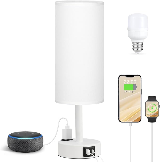 Fenmzee Matte White Bedside Table Lamp for Bedroom - 3 Way Dimmable Touch Lamp USB C Charging Ports and AC Outlet, Small Lamp Round Flaxen Fabric Shade for Living Room, Desk, LED Bulb Included by Fenmzeelighting