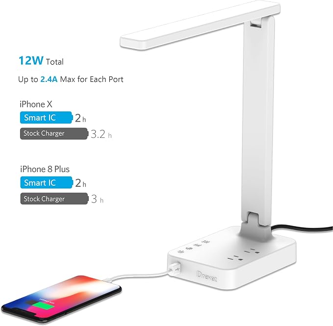 Drevet LED Desk Lamp, Desk Light with 1 USB Charging Port and 2 AC Power Outlet, 3 Lighting Modes, 3 Level Brightness,1H Timer, Touch Control, Eye-Caring Home Office Foldable Table Lamp (White) - Image 4