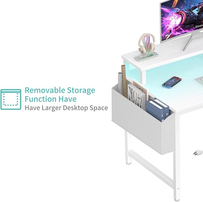 Lufeiya Small White Desk with LED Lights and Power Outlets, 32 Inch Home Office Computer Desks with Monitor Stand, Teen Writing Study Table Gaming Desk with Charging Station, White - Image 7