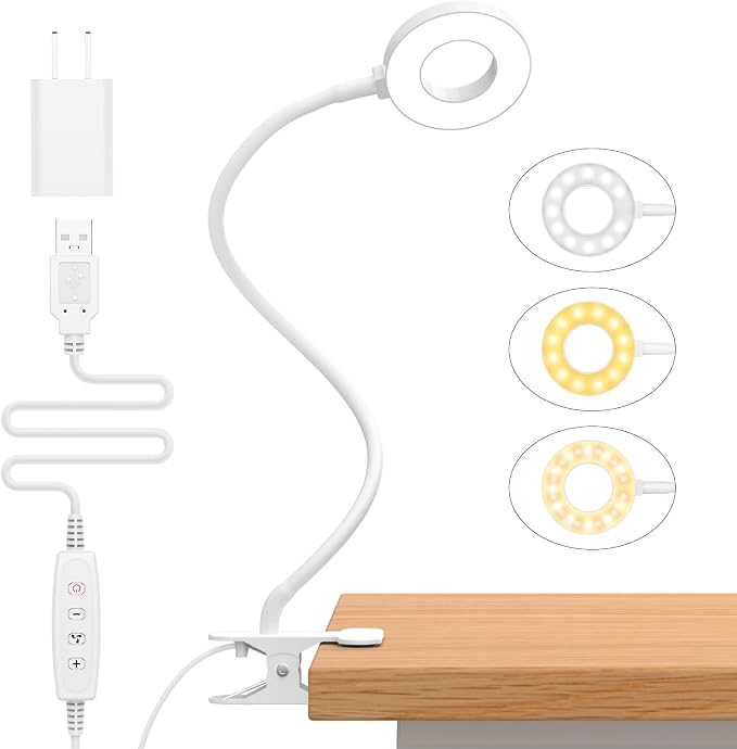 iZELL Reading Light, USB Clamp Lamp for Child Reading Book in Bed at Night, LED Small Desk Lamp with Silicone Adjustable Arm Clip on Beside Table for Studying Working Drafting Sewing - 15.8‘’ White by iZell
