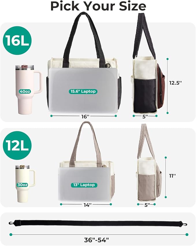 BAGSMART Small Tote Bag for Women, 13'' Laptop Canvas Work Bag with Zipper | 30oz/40oz Tumble & 11 Pockets Travel Tote, Teachers/Nurses, Lightweight Canvas or Water-Resistant Puffer Taslon Crossbody Bag - Image 5