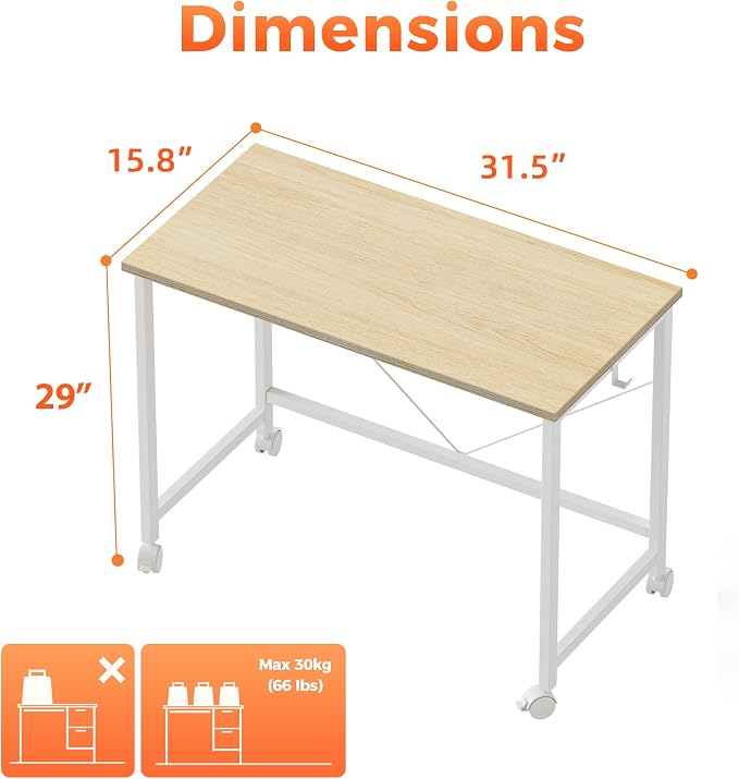 Mericonia 32x16 Inch Computer Desk with Wheels, Small Simple Rolling Desk | Writing Table for Home Office Bedroom Work Study, Oak - Image 2