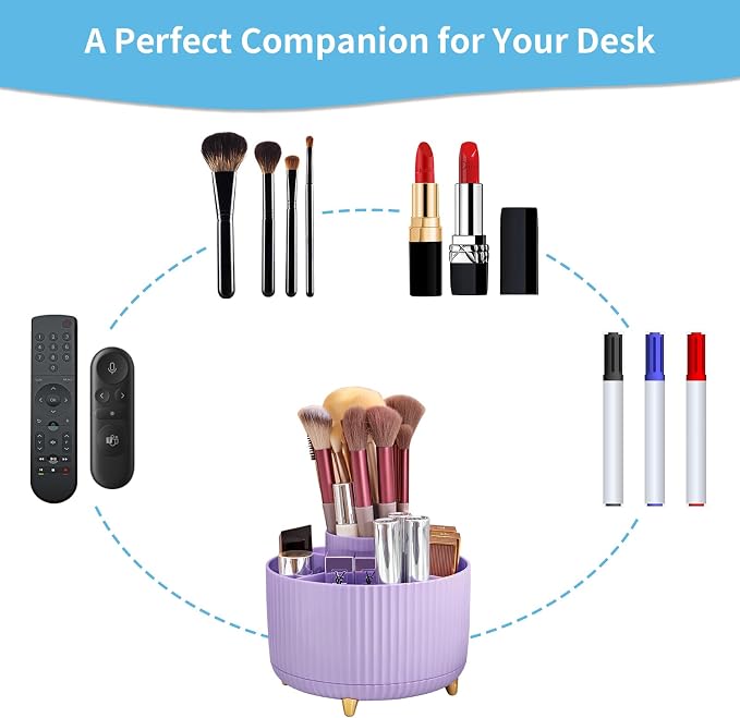 Marbrasse Desk Organizer, 360-Degree Rotating Pen Holder, Desk Organizers and Accessories with 5 Compartments Pencil Holder, Art Supply Storage Box Caddy for Office, Home（Purple） - Image 4