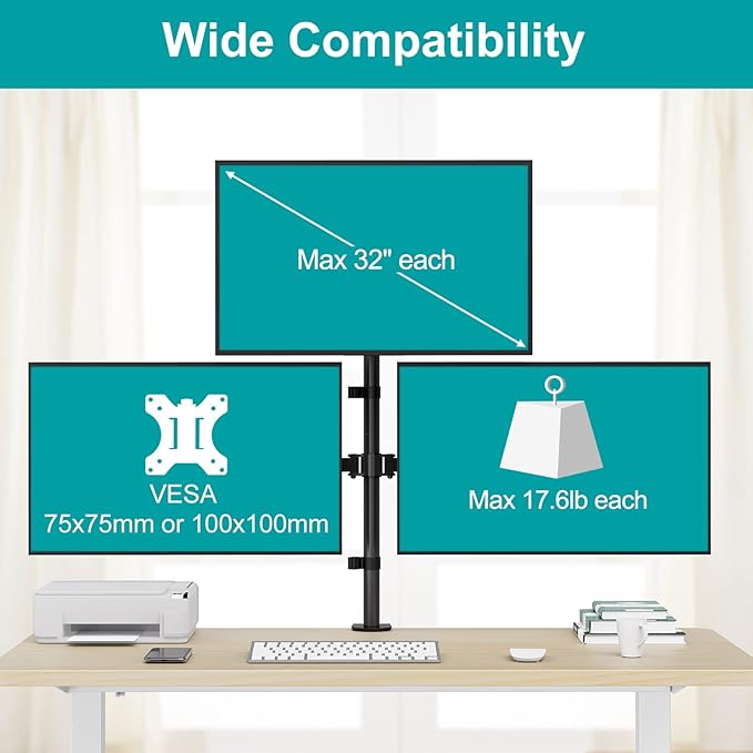 MOUNT PRO Triple Monitor Mount, Monitor Desk Mount for 3 Screens up to 32 inch, 17.6 lbs Each, Fully Adjustable Stacked Computer Stand, Table VESA Mounting, C clamp/Grommet Base - Image 2
