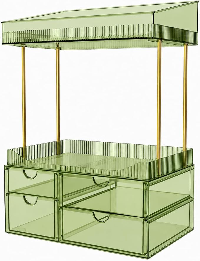 SNSLXH 4-Tier Clear Makeup Organizer Bathroom Storage Green | 4 Drawers Cosmetics Organiser, Ideal for Countertop, Bathroom, Office, Dresser, for Cosmetics, Skincare, Perfume, Lipstick by SNSLXH