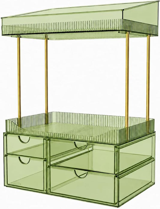 SNSLXH 4-Tier Clear Makeup Organizer Bathroom Storage Green | 4 Drawers Cosmetics Organiser, Ideal for Countertop, Bathroom, Office, Dresser, for Cosmetics, Skincare, Perfume, Lipstick by SNSLXH