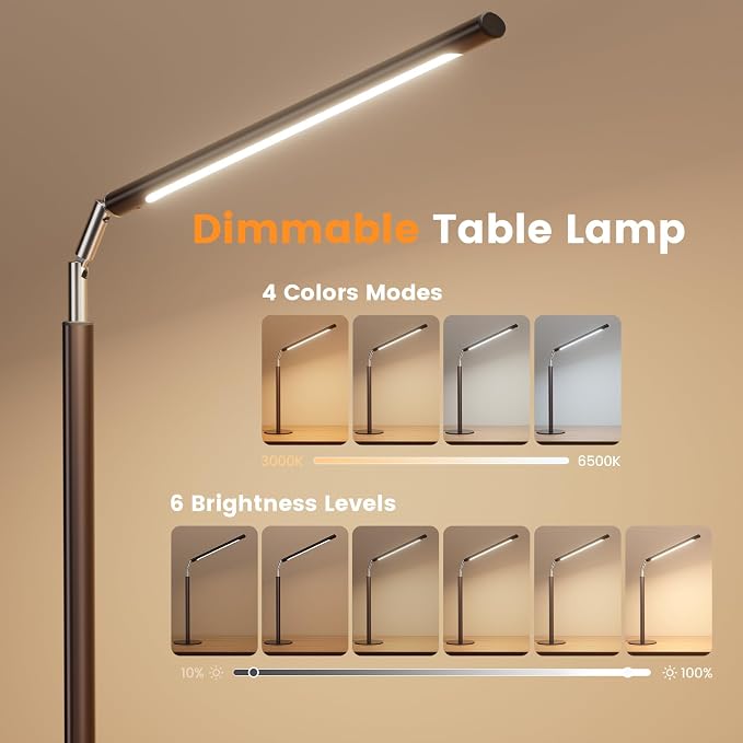 SIBRILLE Brown LED Desk Lamp, 16" Dimmable Metal Desk Light with Base, 15W 1200LM, Adapter Included, Color & Brightness Adjustable, Modern Tall Table Lamp for Home Office Reading Study Task Laptop - Image 2