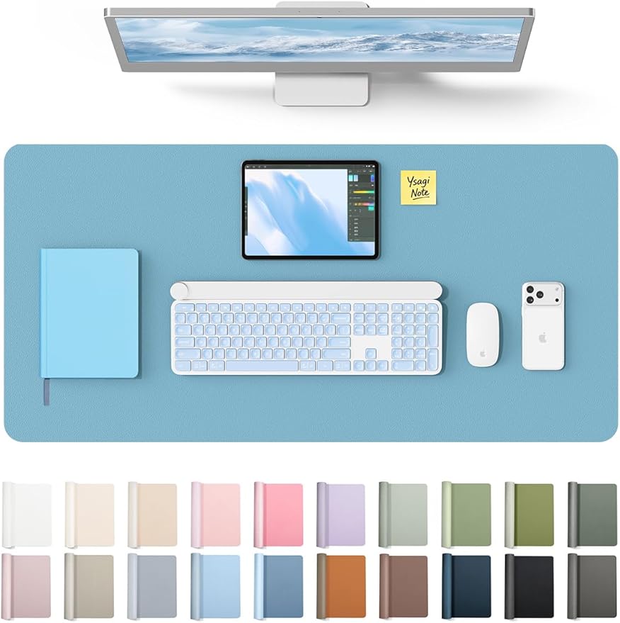 YSAGi Leather Desk Protector, Office Mat, Large Mouse Mat, Non-Slip PU Leather Blotter, Laptop Desk Pad, Waterproof Writing Pad for Office and Home (Sea Blue, 31.5" x 15.8") by YSAGi