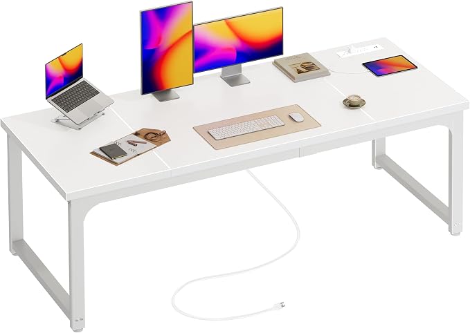 Huuger 63 x 24 inch Desk with Power Outlets & USB-C, Deeper & Thicker Desktop, Robust Metal Tubes, Computer Desk, Heavy Duty Office Desk, Work Gaming Desk, for Home Office, White by Huuger