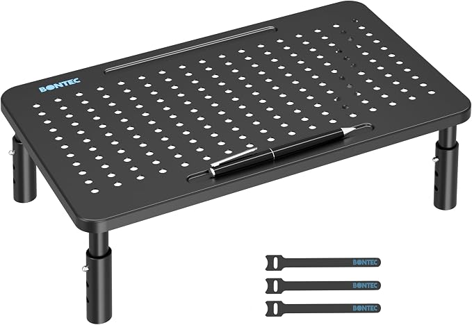 BONTEC 1 Pack 3 Height Adjustable Monitor Stand Riser with Pen Holder, Ergonomic Metal Laptop Stand with Cable Management, Desktop Stand for Computer, Printer (Black, 14.3” x 9.1”) by BONTEC