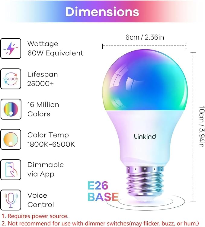 Linkind Smart Light Bulbs with Remote Control, Smart Bulb That Work with Alexa & Google Home, LED Light Bulbs Color Changing 64 Preset Scenes, A19 E26 2.4Ghz WiFi Light Bulbs Dimmable 60W 800lm 6 Pack - Image 7