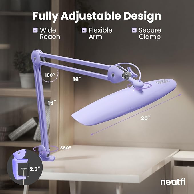 Neatfi XL 2200 Lumens 24W LED Desk Lamp – Shadow-Free Task Lighting | 4-Level Dimming | Home Office & Crafts Use | 20-Inch Wide Head (Lavender, Non-CCT with Clamp) - Image 7