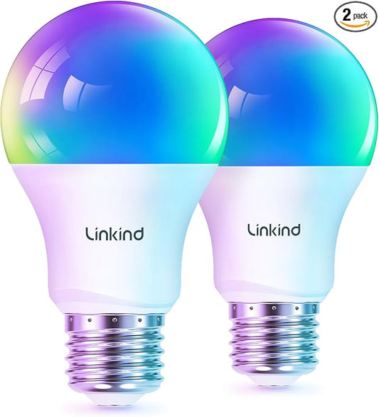 Linkind Matter Smart Light Bulb, Smart Bulbs Work with Apple Home/Siri/Alexa/Google Home/SmartThings, LED Color Changing Light Music Sync RGTBW, Smart Home, 60W 800LM A19 E26 2.4Ghz WiFi Only, 2 Pack by Linkind
