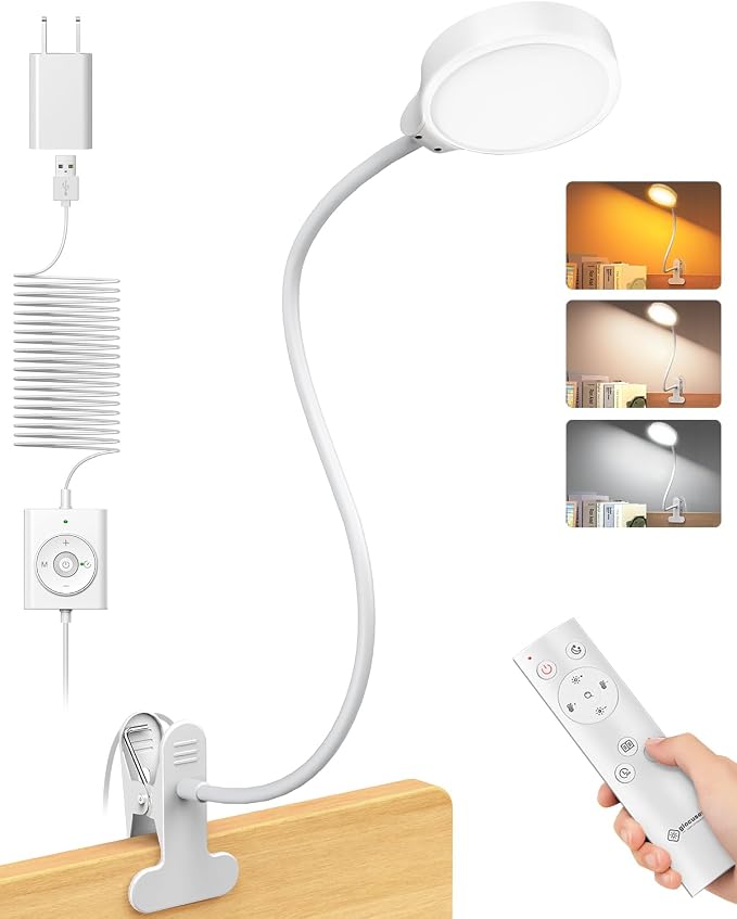 Glocusent 5W Desk Lamp with Remote, 3 Colors & 5 Brightness Reading Lights | Flexible Gooseneck Clip on Lamp, 30-Min Timer Reading Lamp, Perfect Clip on Light for Bunk,Bed,Headboard,Table,Work,Craft by GLOCUSENT