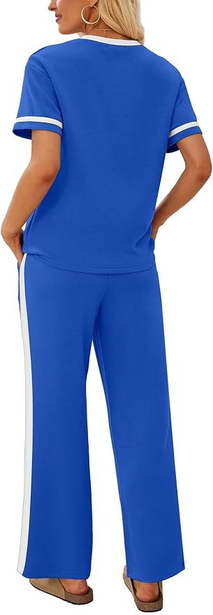 Sampeel 2 Piece Sets for Women Matching Sets Summer Outfits Resort Wear Short Sleeve Lounge Set Wide Leg Pants with Pockets - Image 5