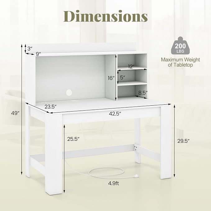 Giantex Computer Desk with Hutch, Modern Home Office Desk with Power Outlets, Storage Shelves & Cable Hole, Makeup Vanity Table, Study Writing Desk for Bedroom Office Small Space, White - Image 3