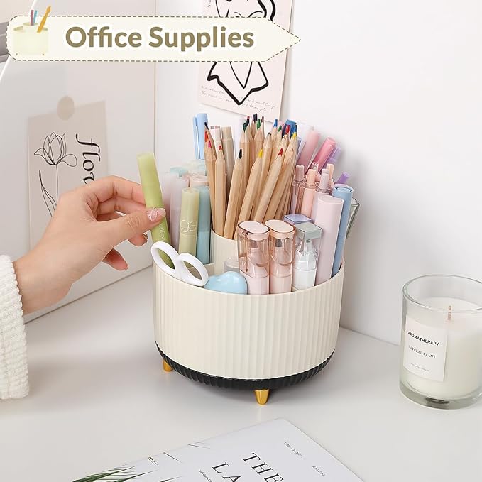 SKYDUE 360 Rotating Organizer, Dual-Purpose Pencil Pen Holder, 5-Slot Rotating Pencil Cup for Office, School, Home (Beige-Black) - Image 3
