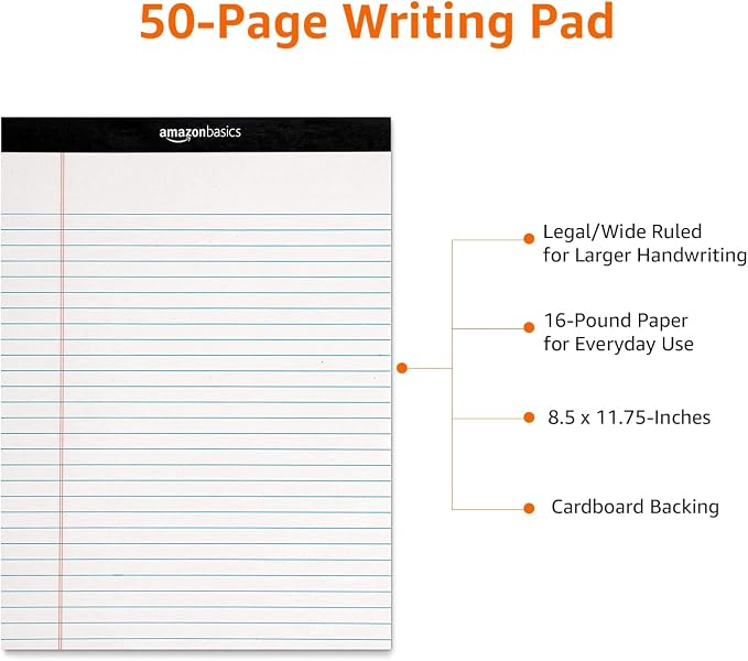 Amazon Basics Legal/Wide Ruled 8-1/2 by 11-3/4 Legal Pad, White, 600 Count (12 Pack of 50 Sheets) - Image 7