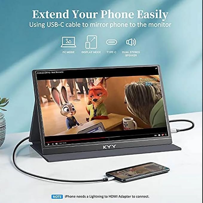KYY Portable Monitor 15.6" 1080P Computer Monitor Screen Extender w/Cover | Portable Monitor for Laptop 1080P FHD IPS with USB-C and HDMI, Laptop Screen Extender for Travel HDR Gaming Monitor w/Speaker - Image 10